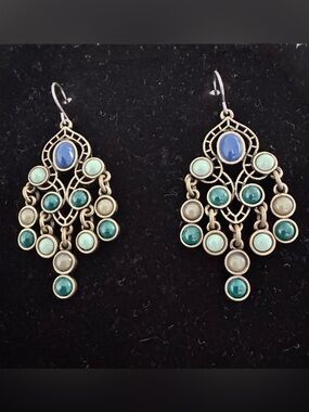 Bohemian Teardrop Dangle Earrings with Blue, Green and Taupe Accents